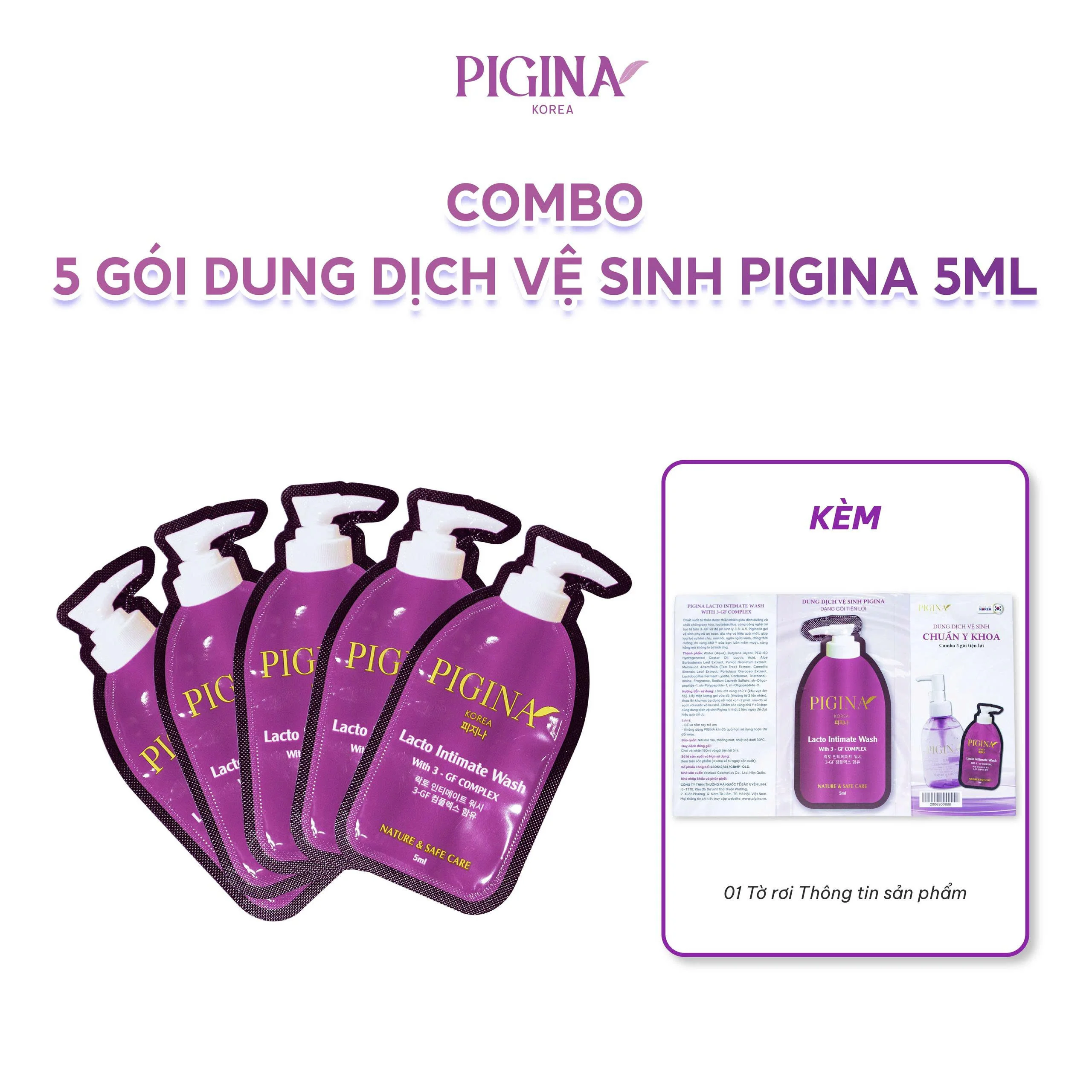 Combo 5 Gói gel Dung dịch vệ sinh Pigina 5ml - Pigina Lacto Intimate Wash